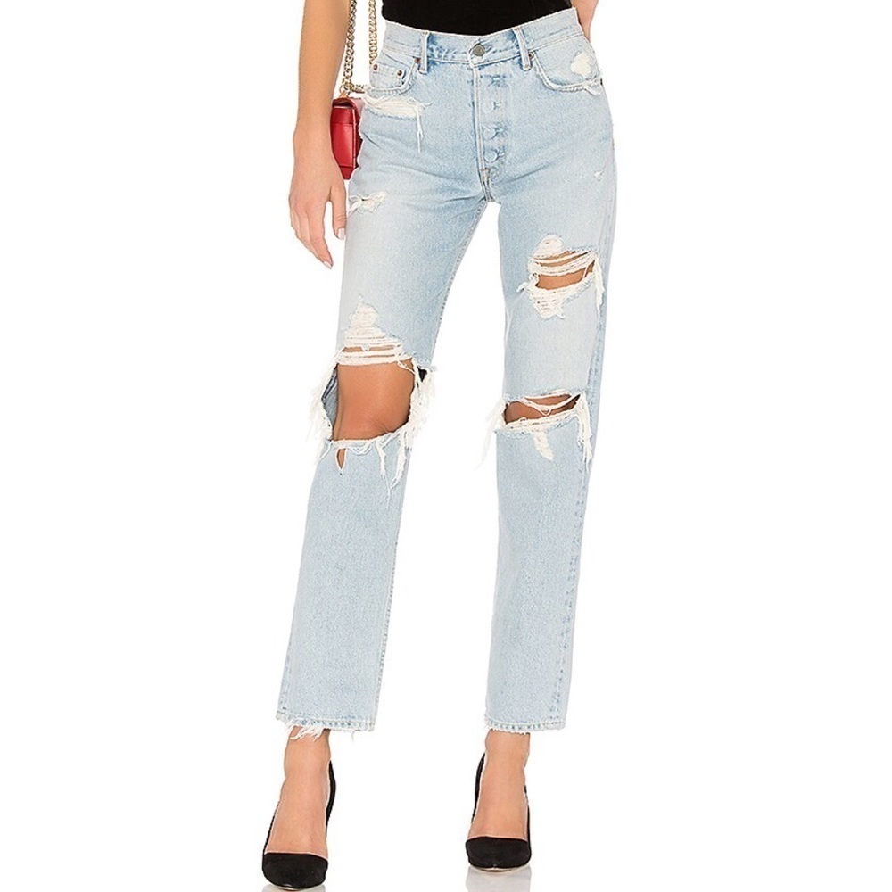 GRLFRND Helena High Rise Straight Leg Distressed Jeans Light Wash Button Fly 26